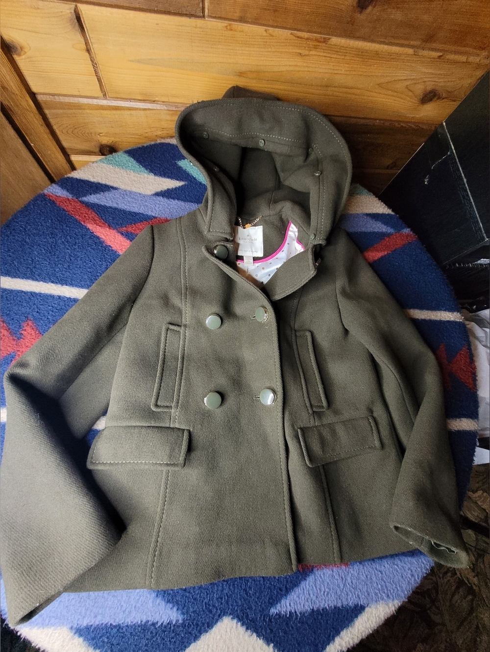 Kate Spade New York Wool Blend Pea Coat Womens XS Green Hooded Lined